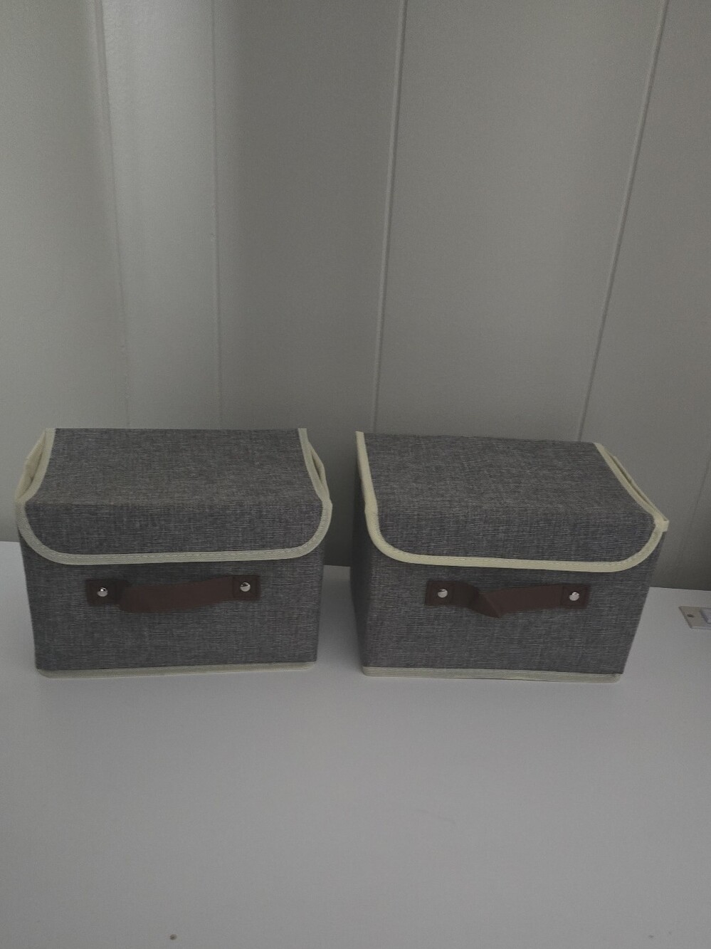 Gray Fabric Storage Boxes wit  Brown Handles - Home Accents